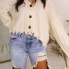 HYFVE Off White Button Down Distressed Hem Cardigan
