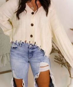 HYFVE Off White Button Down Distressed Hem Cardigan