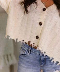 HYFVE Off White Button Down Distressed Hem Cardigan