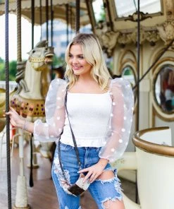 Item Ditto White Polka Dot Mesh Long Sleeve Top Women's Clothing