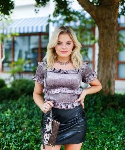 Timing Women's Clothing Mocha Velvet Ruffle Smocked Top