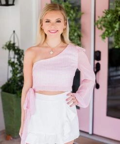 Blue Blush Pink Plaid One Shoulder Side Tie Top Women's Clothing