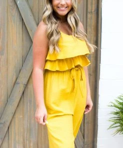 Hem & Thread Women's Clothing Mustard Yellow Ruffle Top Midi Jumpsuit