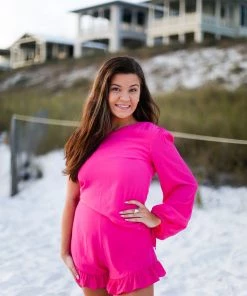 Do + Be One Shoulder Ruffle Hem Romper - Pink Women's Clothing