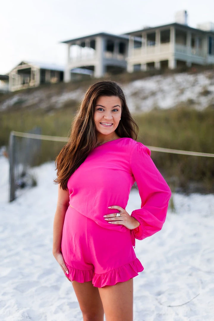 Do + Be One Shoulder Ruffle Hem Romper - Pink Women's Clothing 3 Do + Be One Shoulder Ruffle Hem Romper - Pink Women's Clothing