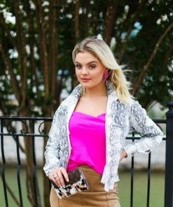 LLove White Snakeskin Distressed Hem Denim Jacket