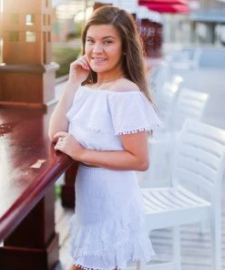 Blue Blush Ruffle Trim White Two Piece Set Women's Clothing