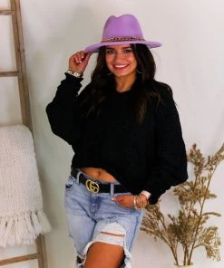 HYFVE Women's Clothing Black Chenille Wide Neck Sweater