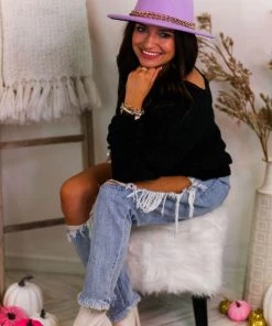 HYFVE Women's Clothing Black Chenille Wide Neck Sweater