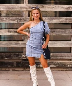 Le Lis Light Wash Denim One Puff Sleeve Mini Dress