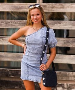 Le Lis Light Wash Denim One Puff Sleeve Mini Dress