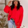 POL Coral Red Popcorn Distressed Hem Sweater Women's Clothing