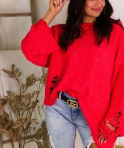 POL Coral Red Popcorn Distressed Hem Sweater Women's Clothing