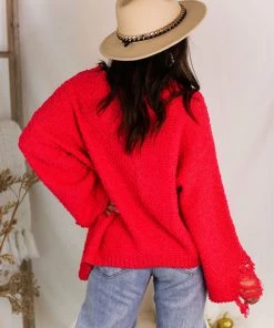 POL Coral Red Popcorn Distressed Hem Sweater Women's Clothing