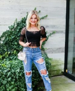 Le Lis Women's Clothing Black Sheer Star Patterned Puff Sleeve Smocked Top