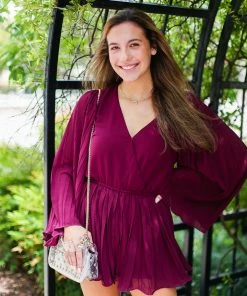 She & Sky Burgundy Red Bell Sleeve Romper Women's Clothing