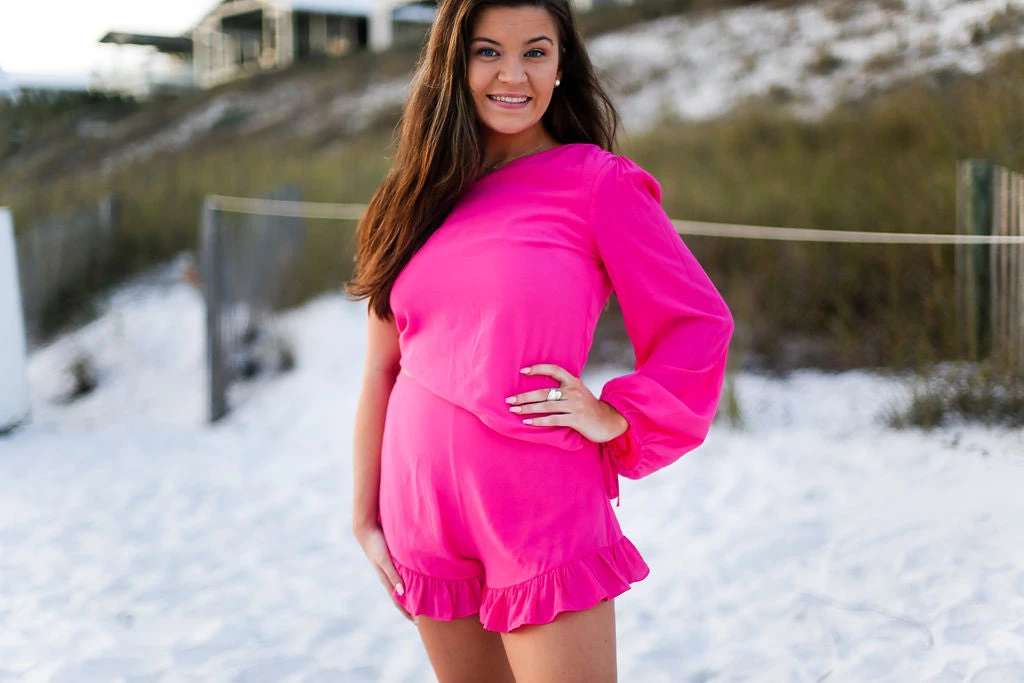 Do + Be One Shoulder Ruffle Hem Romper - Pink Women's Clothing 6 Do + Be One Shoulder Ruffle Hem Romper - Pink Women's Clothing