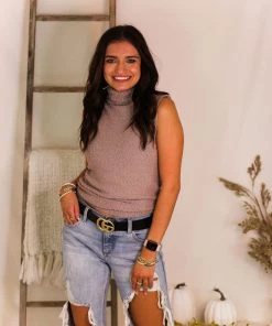 Glam Taupe Sleeveless Mock Neck Popcorn Sweater Women's Clothing