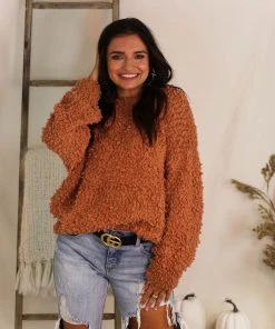 Listicle Women's Clothing Rust Fluffy Popcorn Texture Sweater