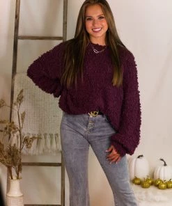 Listicle Maroon Fluffy Popcorn Texture Sweater Women's Clothing