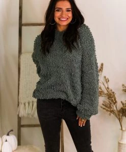Listicle Sage Green Fluffy Popcorn Texture Sweater Women's Clothing