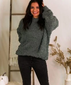 Listicle Sage Green Fluffy Popcorn Texture Sweater Women's Clothing
