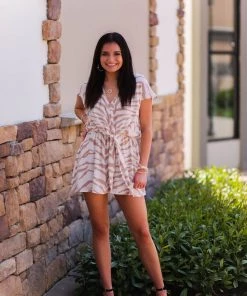 Adrienne Taupe And White Zebra Front Tie Romper