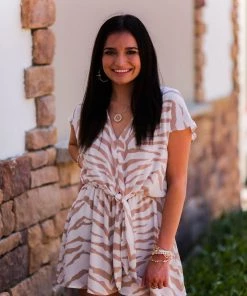 Adrienne Taupe And White Zebra Front Tie Romper