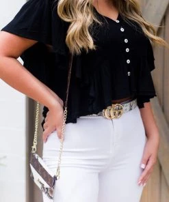 Newbury Kustom Women's Clothing Black Open Back Ruffle Blouse