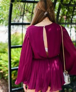 She & Sky Burgundy Red Bell Sleeve Romper Women's Clothing
