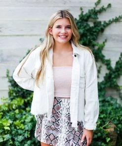 POL Women's Clothing Ivory Corduroy Distressed Hem Jacket