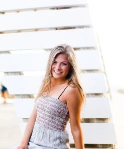 Hem & Thread Women's Clothing Blue Striped Smocked Jumpsuit