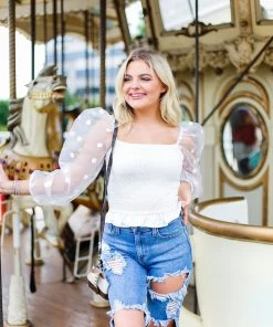 Item Ditto White Polka Dot Mesh Long Sleeve Top Women's Clothing