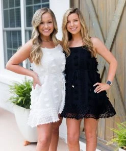 HYFVE Pom Pom Textured Mini Ruffle Hem Dress - Black