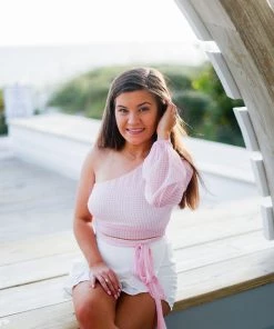 Blue Blush Pink Plaid One Shoulder Side Tie Top Women's Clothing