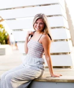 Hem & Thread Women's Clothing Blue Striped Smocked Jumpsuit