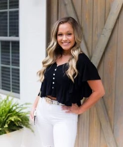 Newbury Kustom Women's Clothing Black Open Back Ruffle Blouse