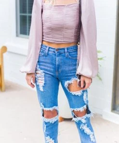 Vibrant MIU Kayla High Waisted Distressed Girlfriend Jeans - Medium Wash