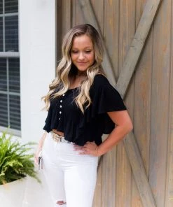 Newbury Kustom Women's Clothing Black Open Back Ruffle Blouse