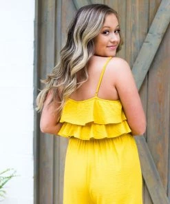 Hem & Thread Women's Clothing Mustard Yellow Ruffle Top Midi Jumpsuit