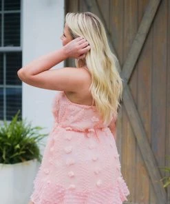 HYFVE Women's Clothing Pom Pom Textured Mini Ruffle Hem Dress - Peach