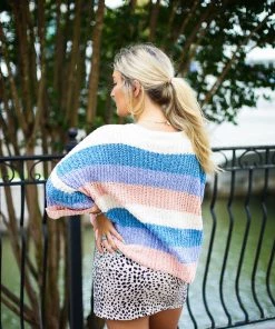 She & Sky 3/4 Sleeve Multi Color Striped Sweater
