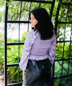 In The Beginning Lavender Silky Smocked Long Sleeve Top