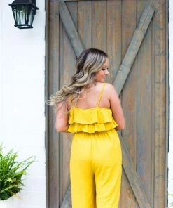 Hem & Thread Women's Clothing Mustard Yellow Ruffle Top Midi Jumpsuit
