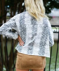 LLove White Snakeskin Distressed Hem Denim Jacket