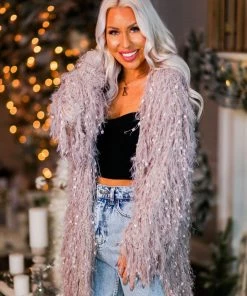 HYFVE Party Girl Mauve Textured Fringe Jacket Women's Clothing
