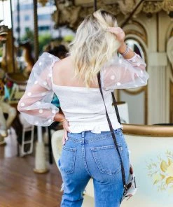 Item Ditto White Polka Dot Mesh Long Sleeve Top Women's Clothing