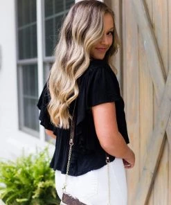 Newbury Kustom Women's Clothing Black Open Back Ruffle Blouse