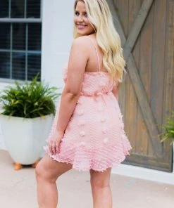 HYFVE Women's Clothing Pom Pom Textured Mini Ruffle Hem Dress - Peach