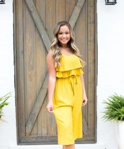 Hem & Thread Women's Clothing Mustard Yellow Ruffle Top Midi Jumpsuit